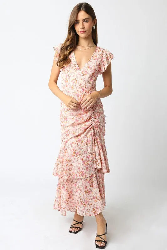 Waitlist 2/5 ♥ Carolina Short Sleeve Floral Print Shirred Maxi Dress Pink