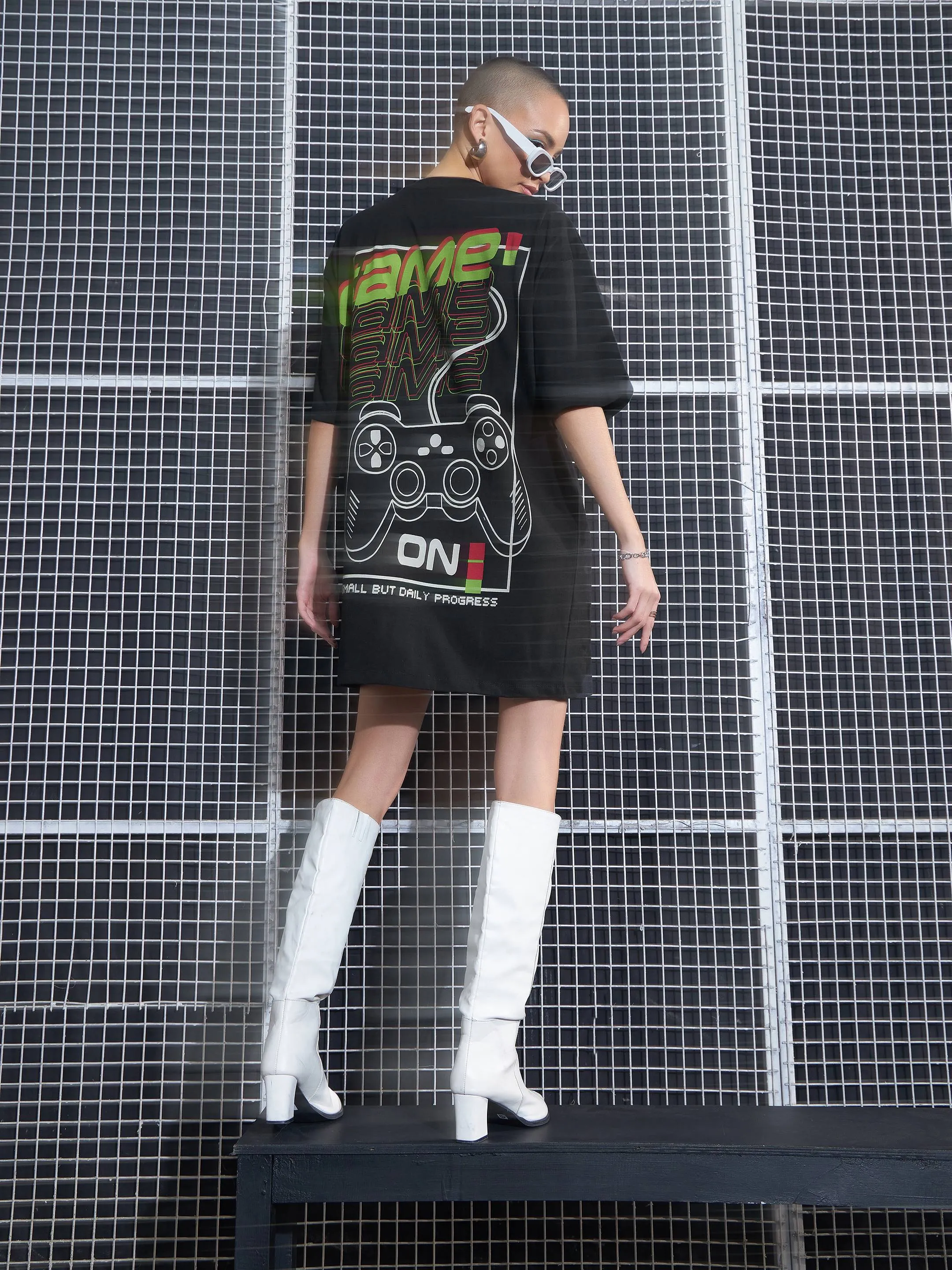 Women Black Game On Printed Oversized T-Shirt Dress