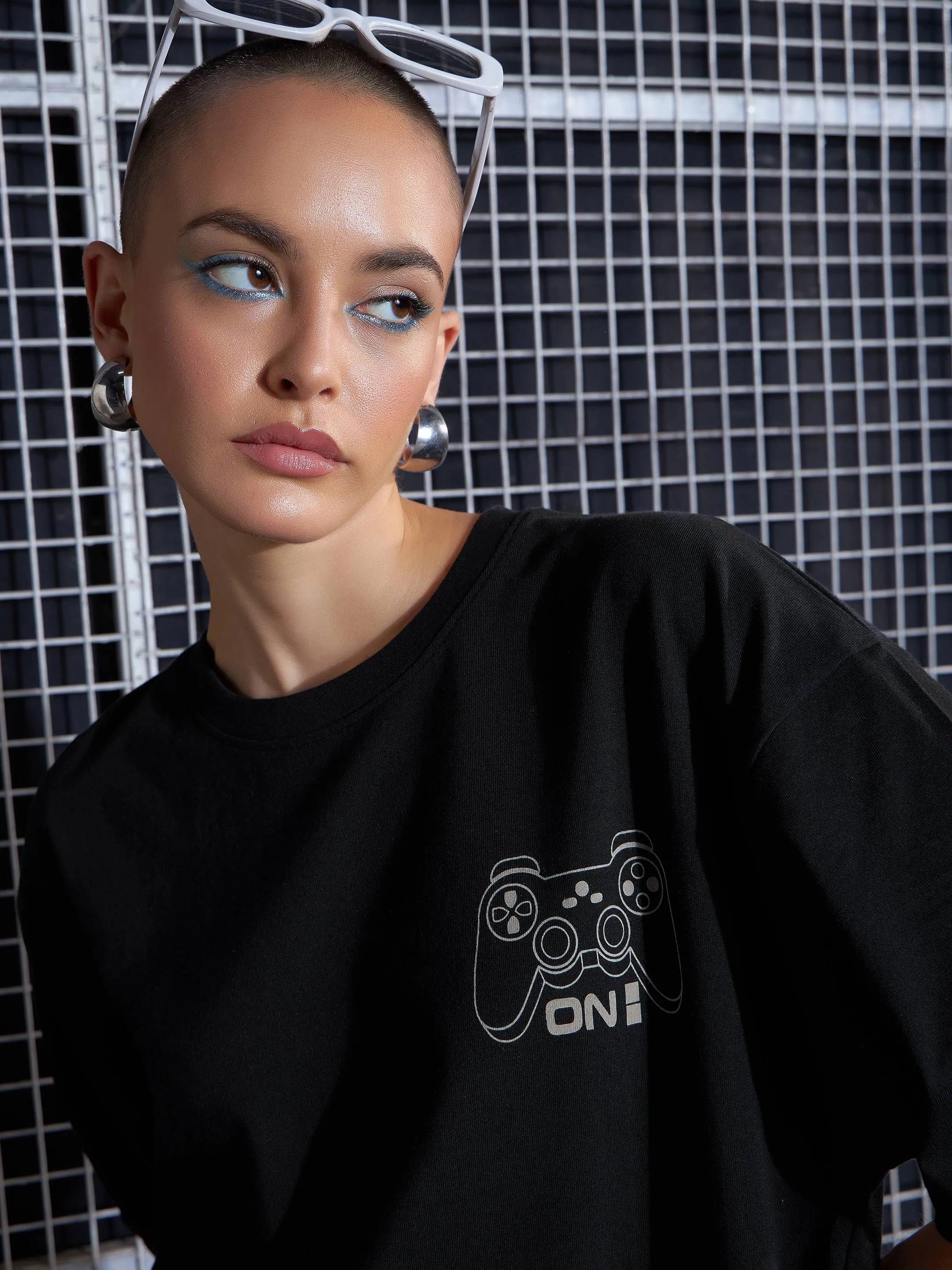 Women Black Game On Printed Oversized T-Shirt Dress