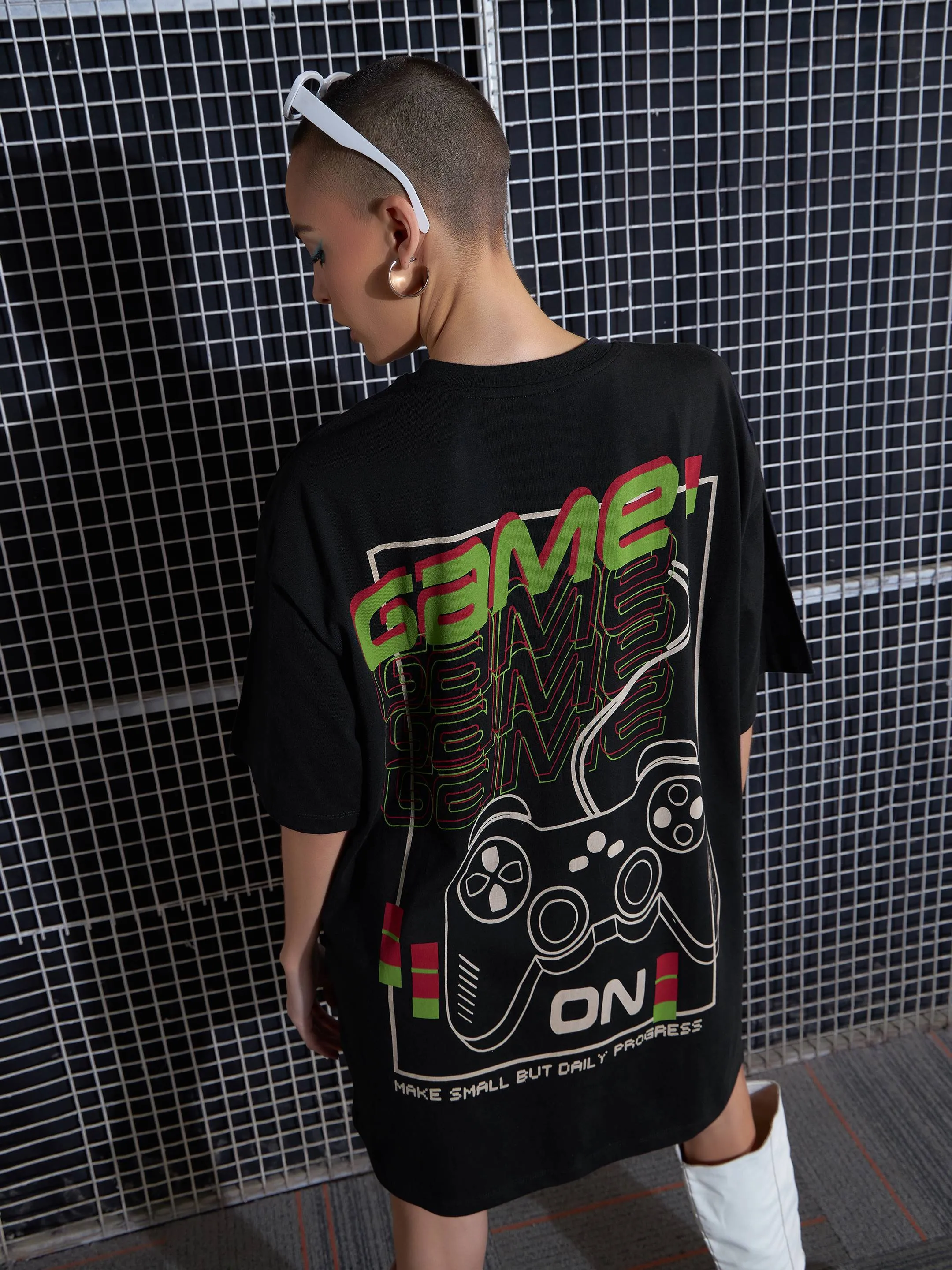 Women Black Game On Printed Oversized T-Shirt Dress