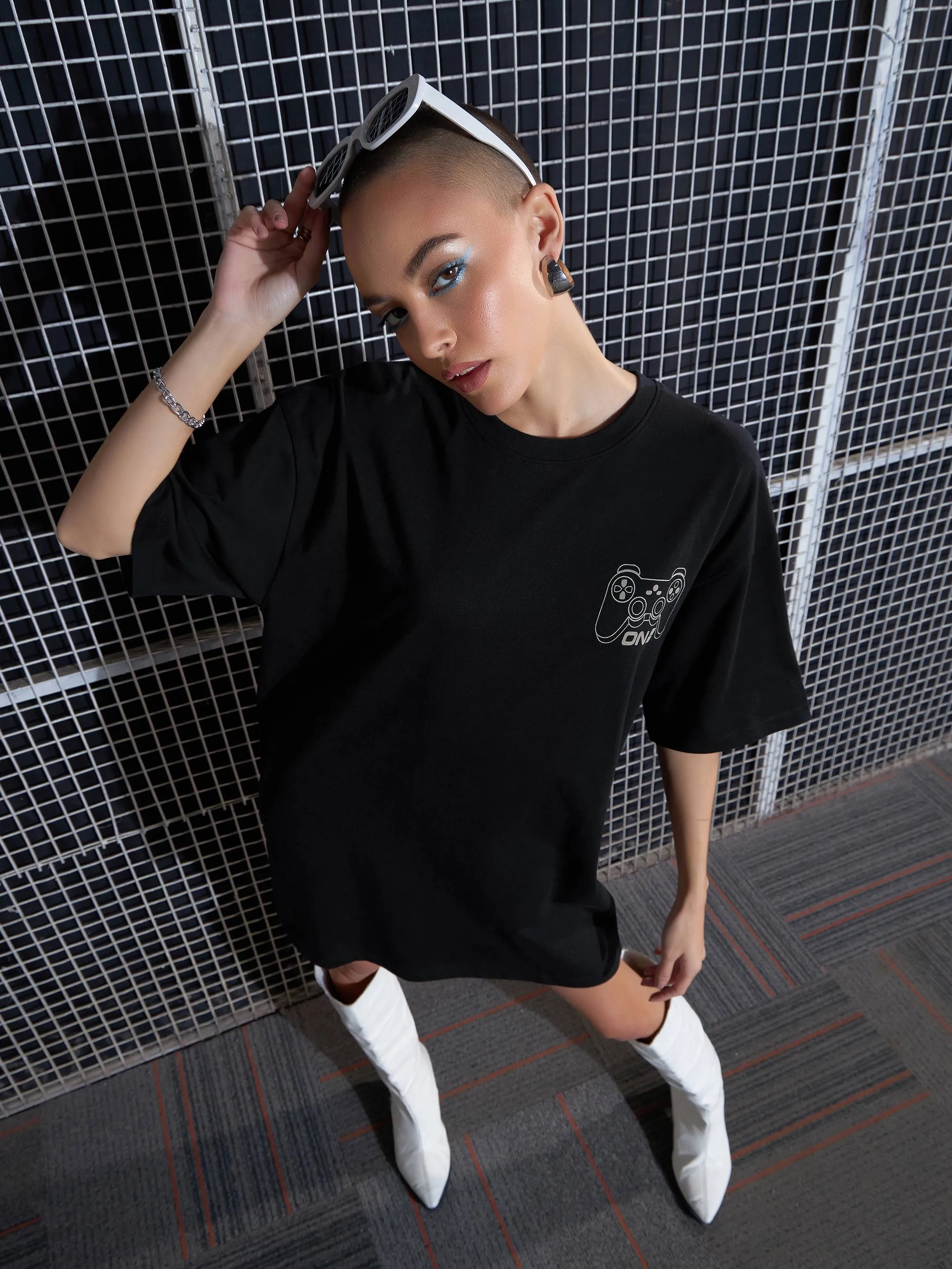 Women Black Game On Printed Oversized T-Shirt Dress
