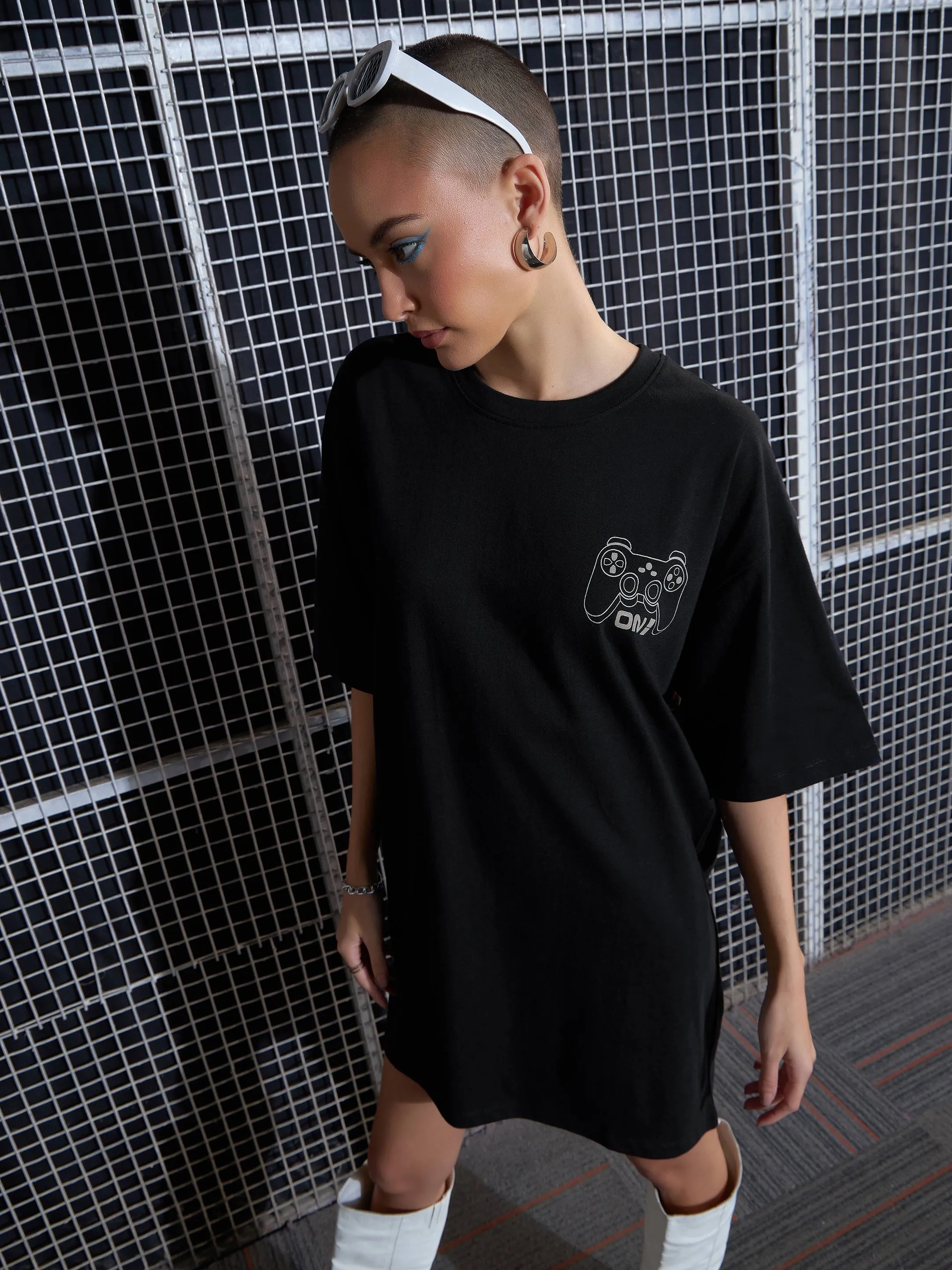 Women Black Game On Printed Oversized T-Shirt Dress