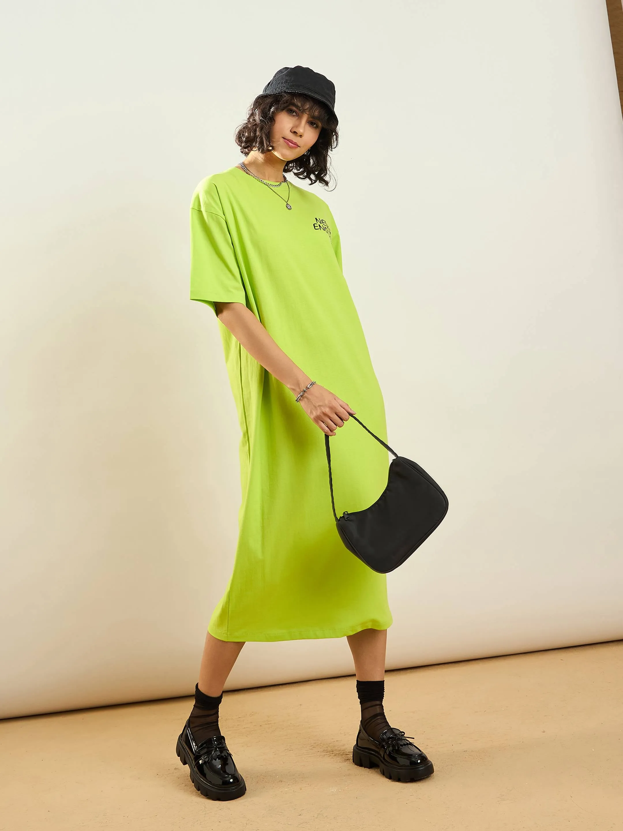 Women Neon Green Never Enough Printed T-Shirt Dress