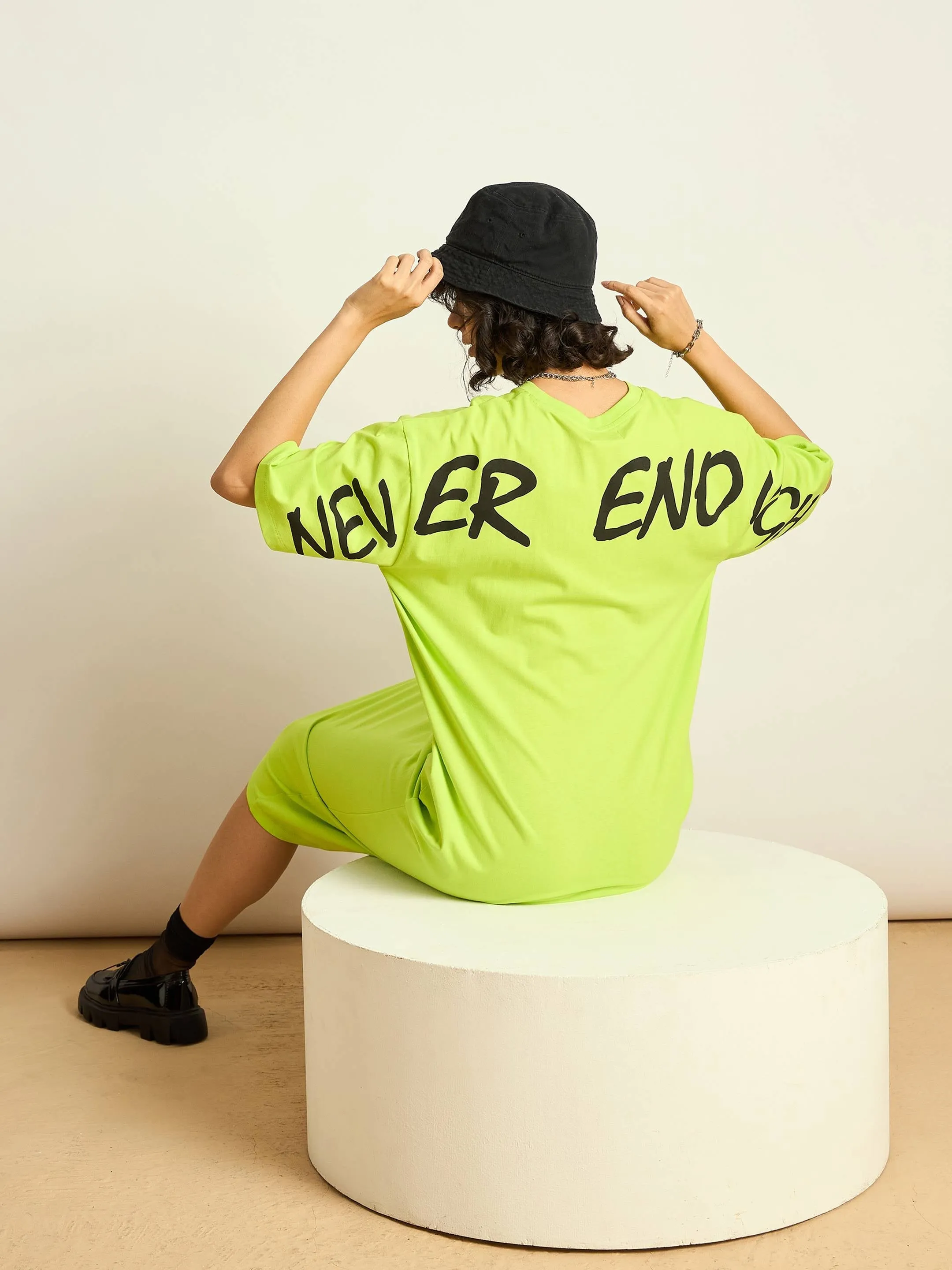 Women Neon Green Never Enough Printed T-Shirt Dress