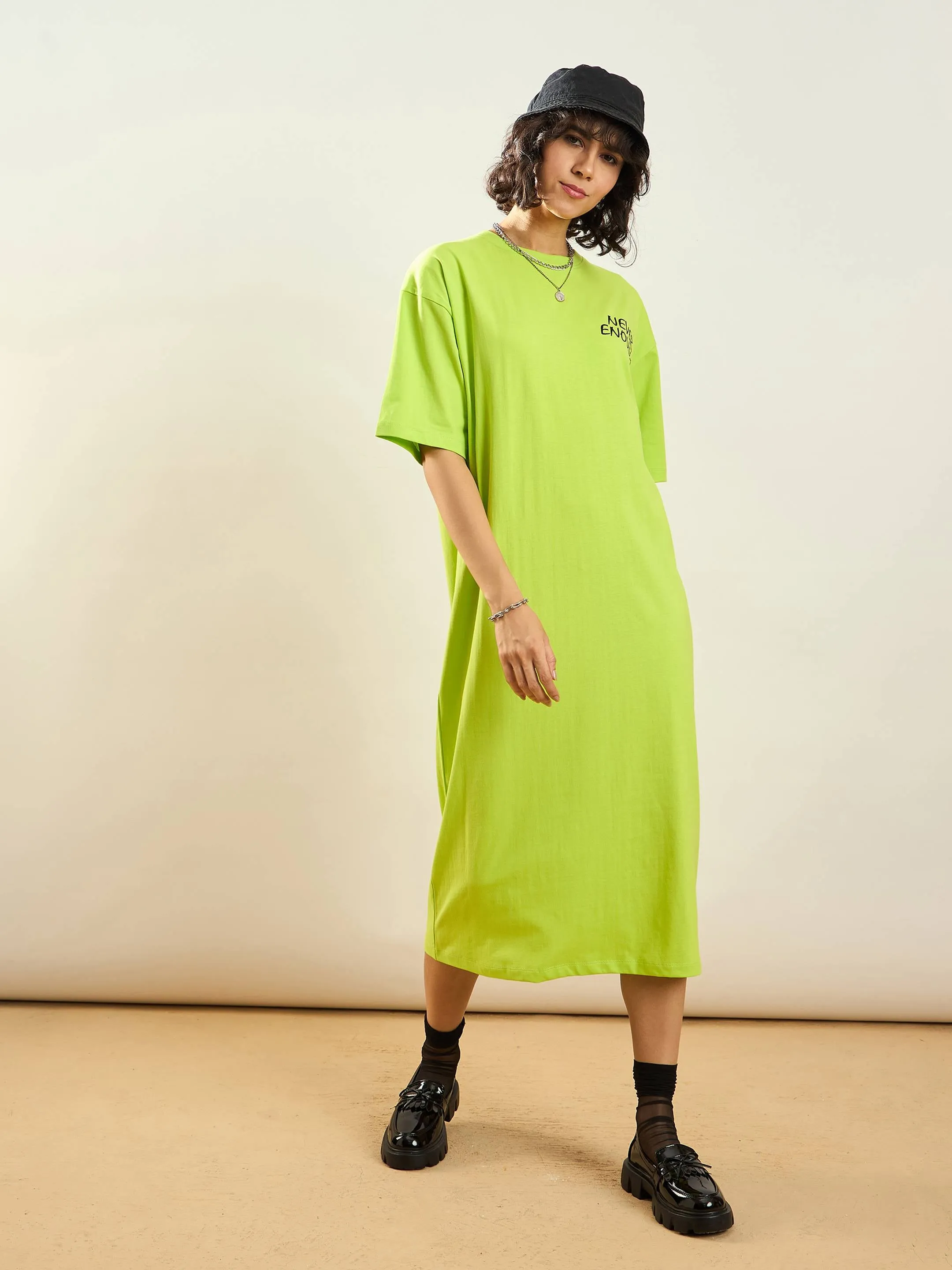 Women Neon Green Never Enough Printed T-Shirt Dress