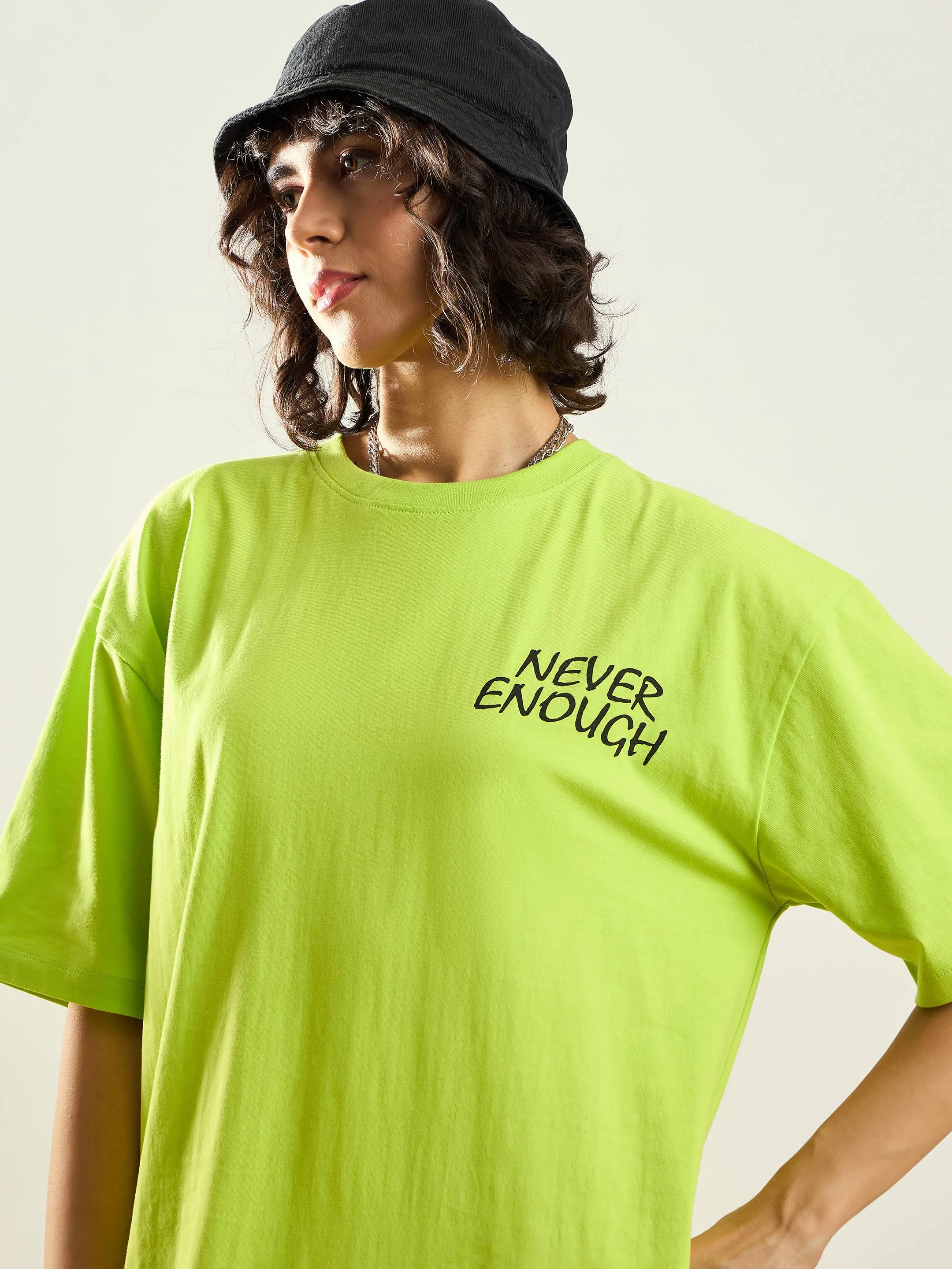 Women Neon Green Never Enough Printed T-Shirt Dress