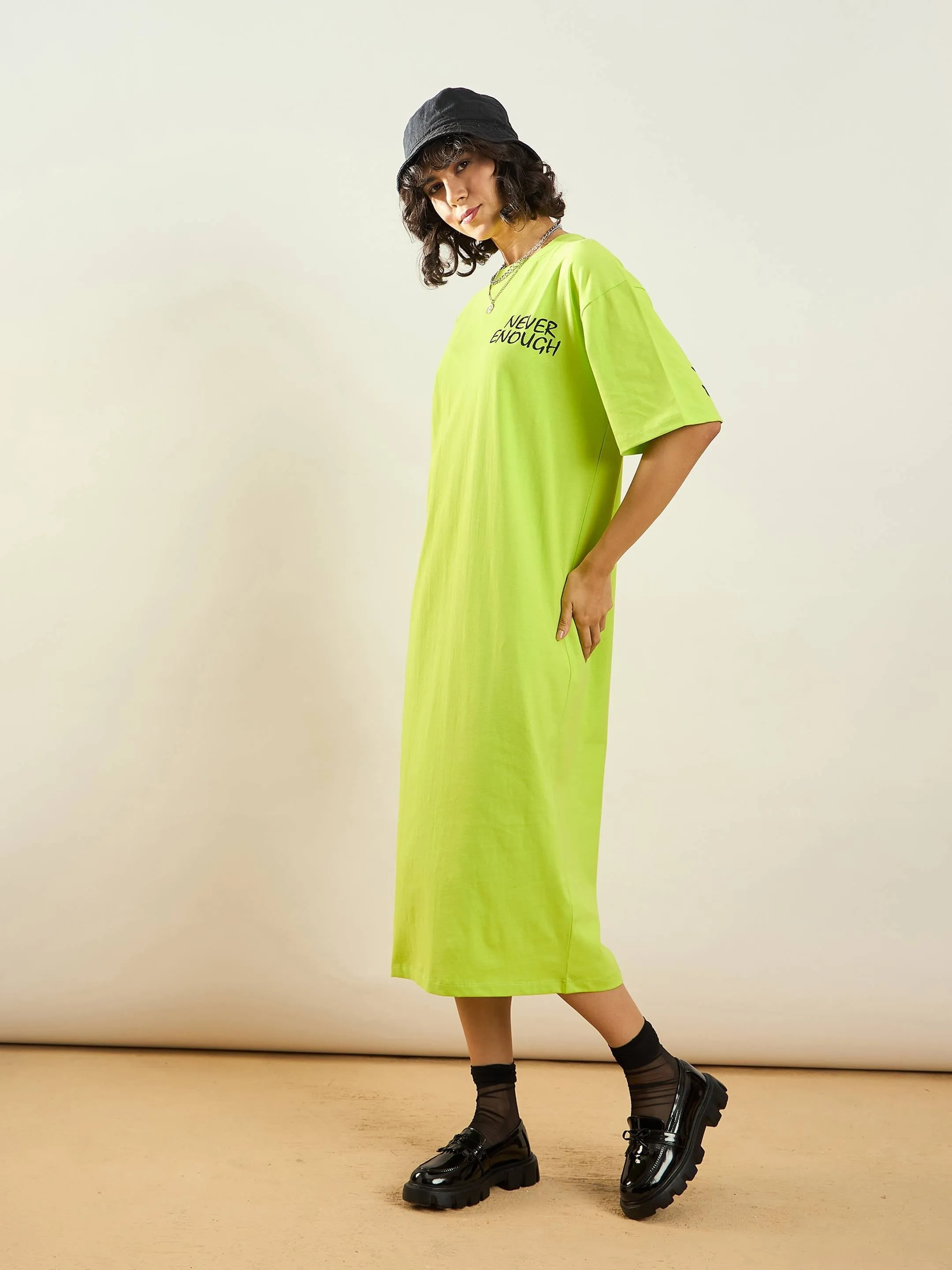 Women Neon Green Never Enough Printed T-Shirt Dress