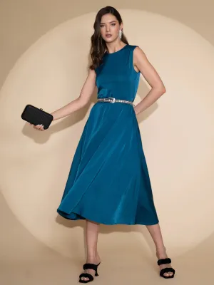 Women Teal Round Neck Sleeveless Dress