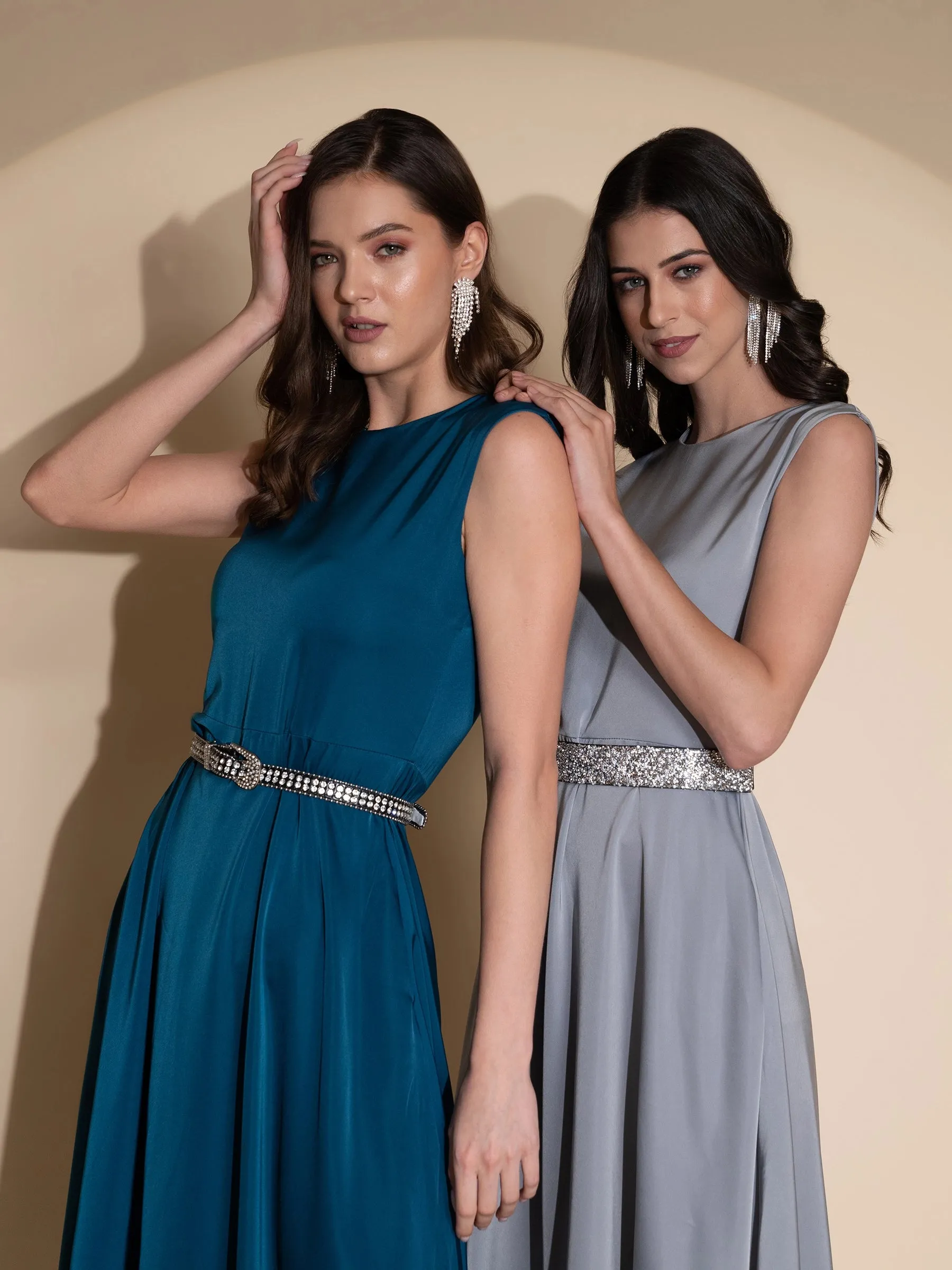Women Teal Round Neck Sleeveless Dress