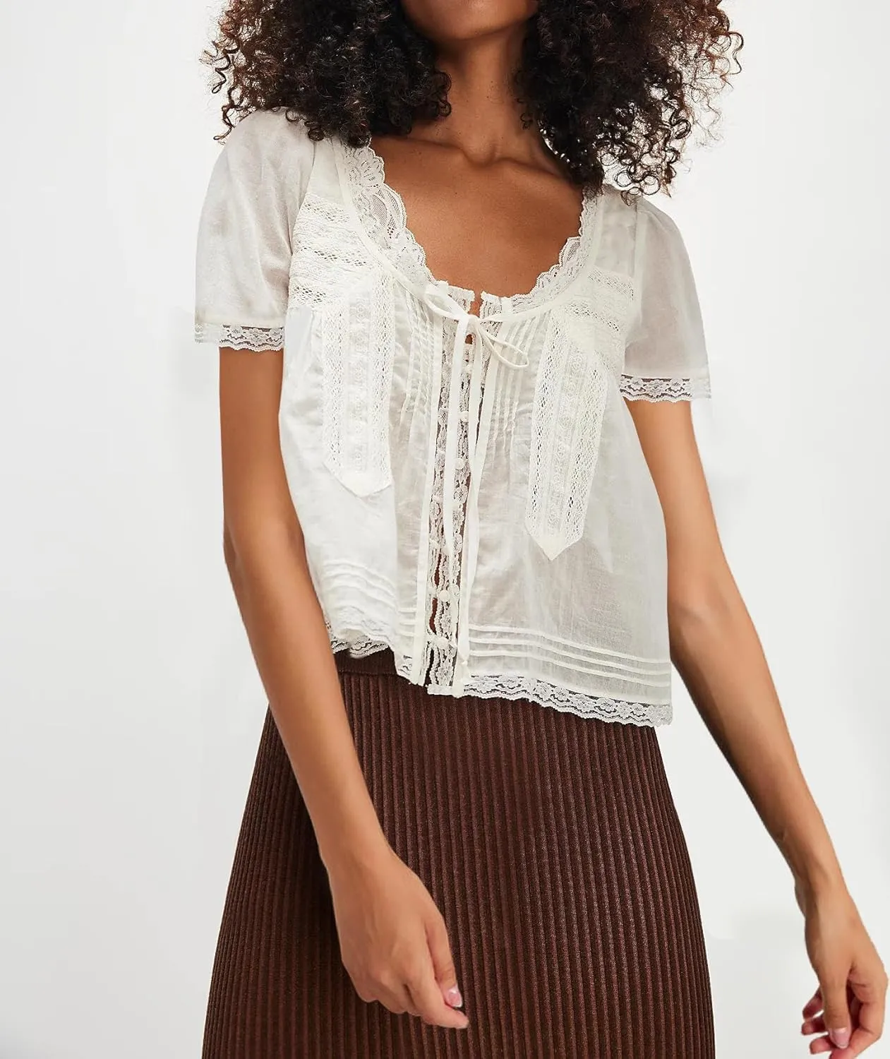 Women Tie Front Lace Trim Top Sheer Short Sleeve Scoop Neck Button Shirt Y2k Ruffle Flowy Boho Crop Tops
