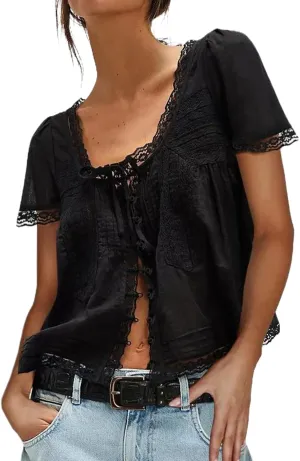 Women Tie Front Lace Trim Top Sheer Short Sleeve Scoop Neck Button Shirt Y2k Ruffle Flowy Boho Crop Tops