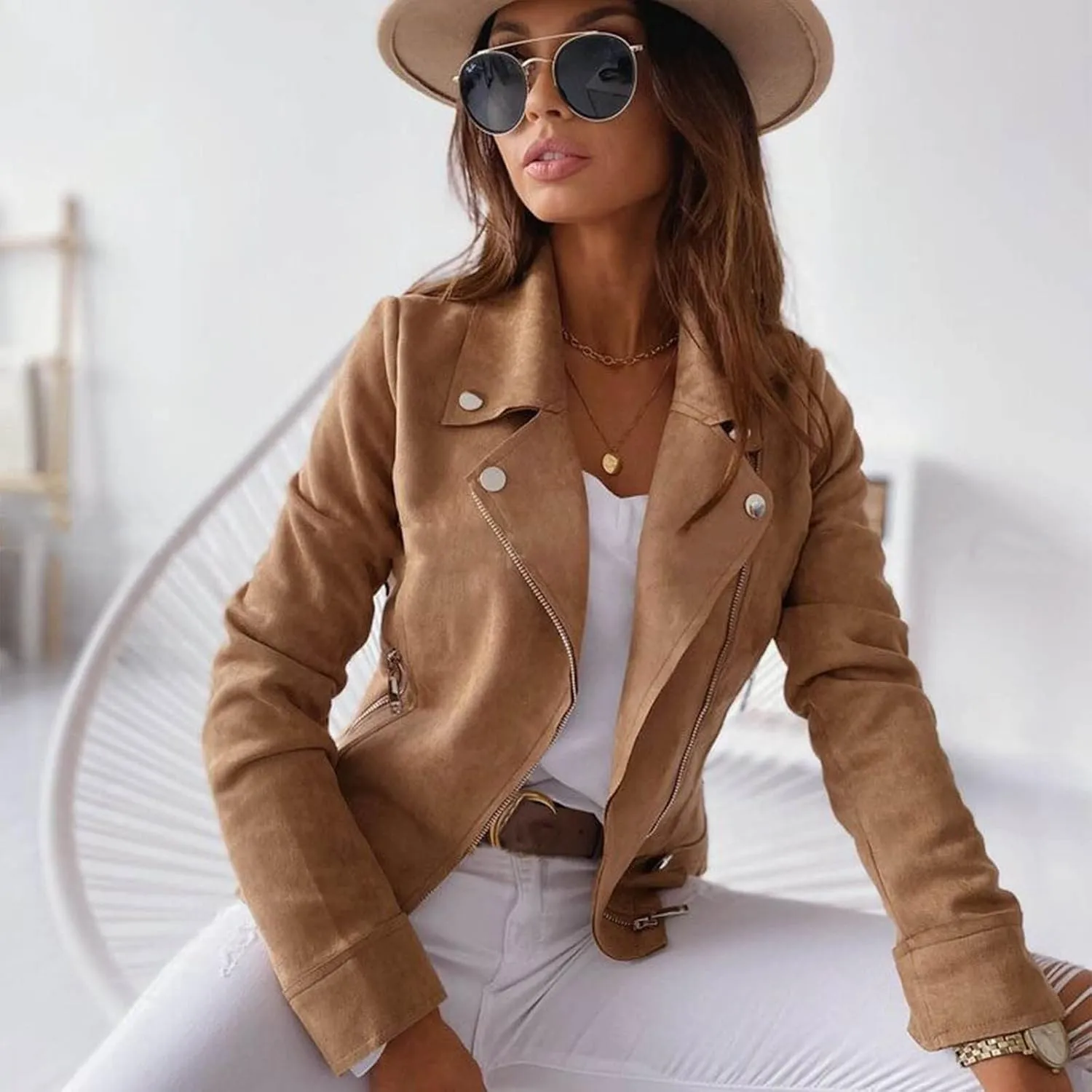 Women's Fashion Fall Leather Jacket Long Sleeve Zip Up Lapel Belted Motorcycle Jacket Vintage Solid Fitted Coat Outwear