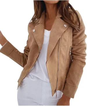Women's Fashion Fall Leather Jacket Long Sleeve Zip Up Lapel Belted Motorcycle Jacket Vintage Solid Fitted Coat Outwear