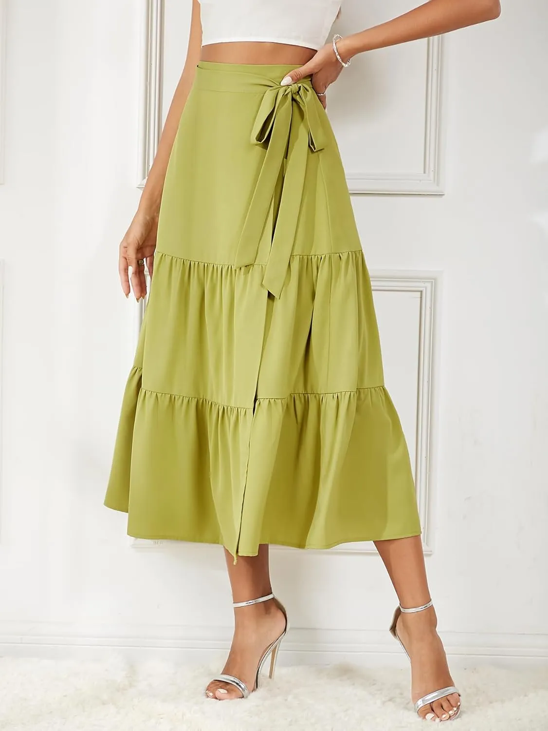 Women's Satin Wrap Skirt Adjustable Tie Ruffle Hem Flowy High Low Trendy Midi Skirt