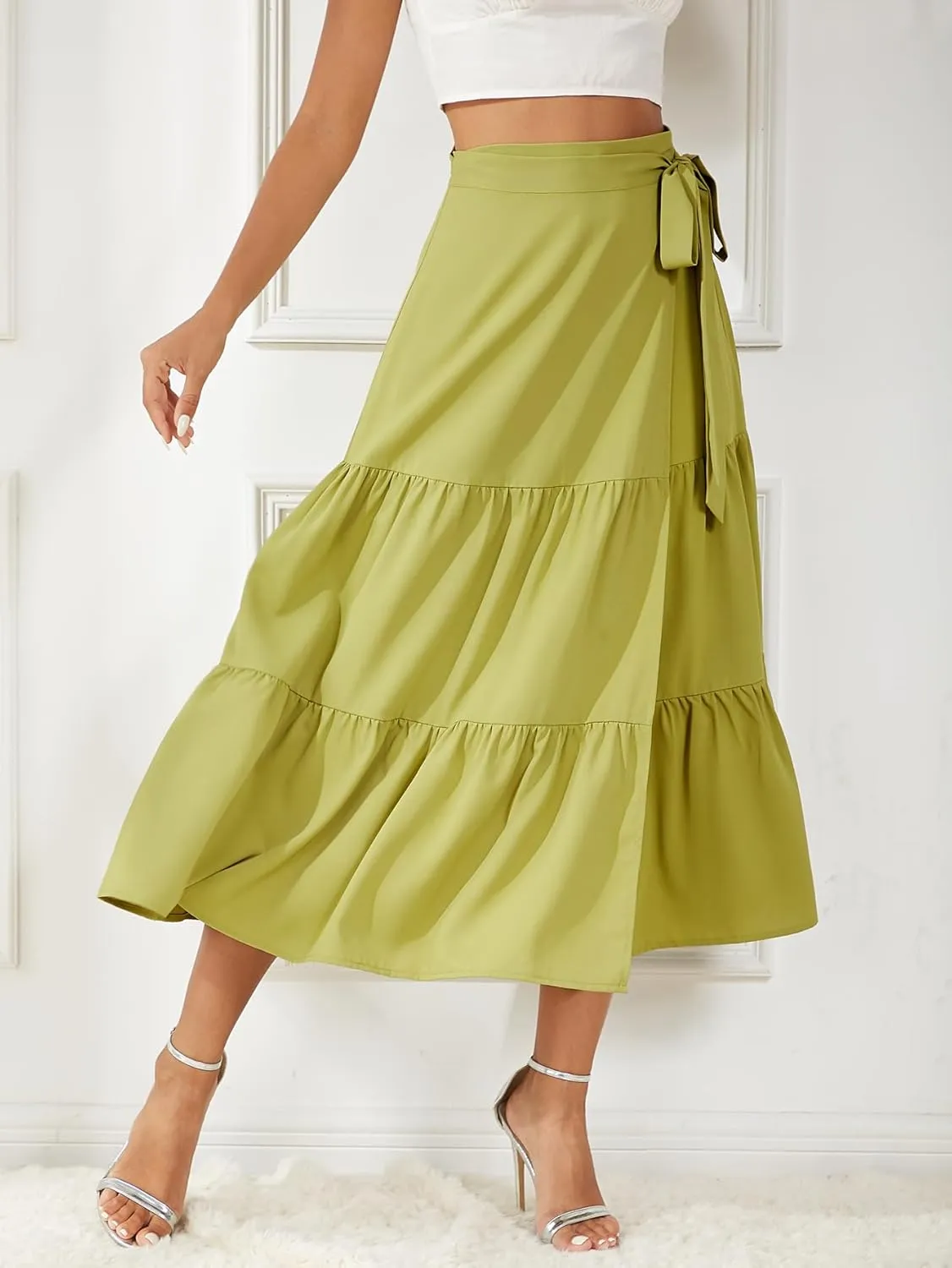 Women's Satin Wrap Skirt Adjustable Tie Ruffle Hem Flowy High Low Trendy Midi Skirt