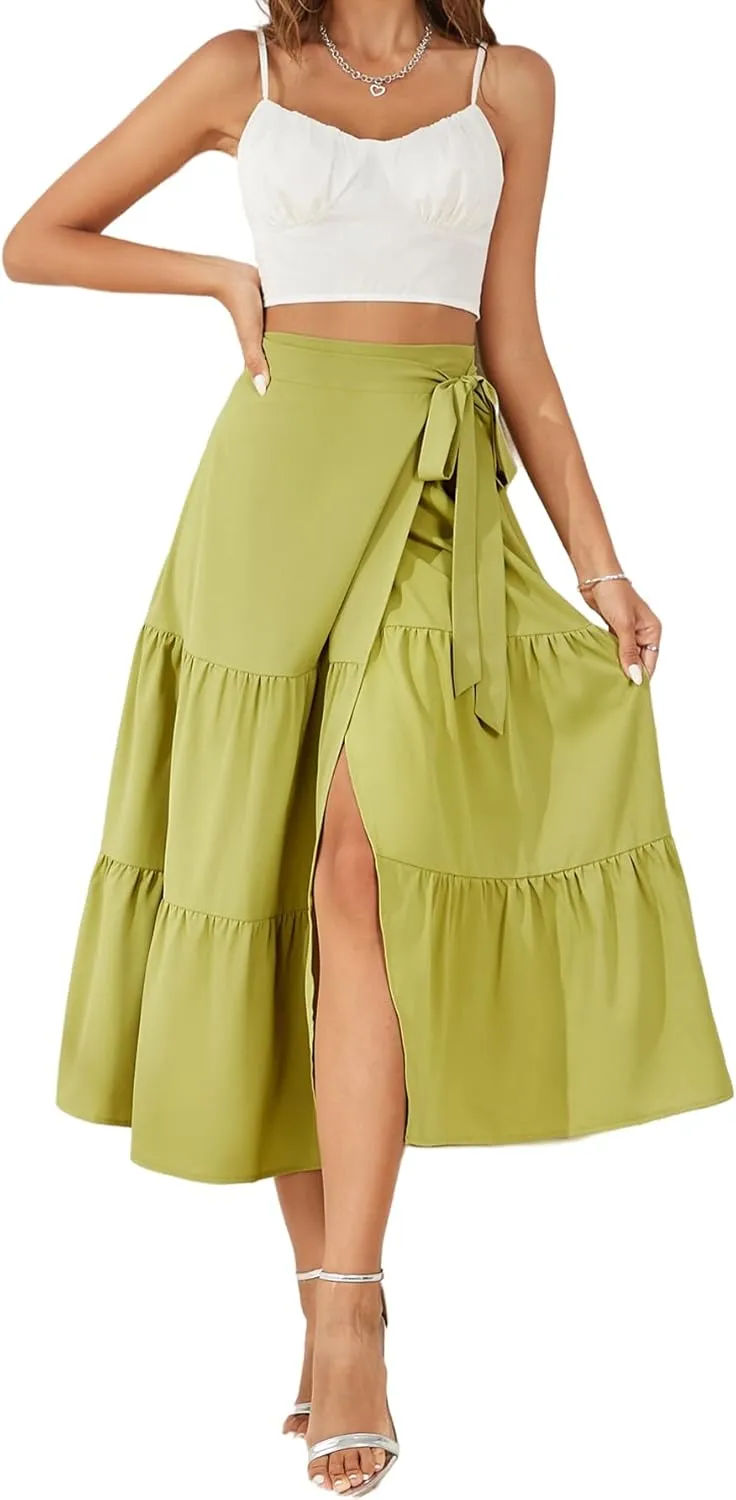 Women's Satin Wrap Skirt Adjustable Tie Ruffle Hem Flowy High Low Trendy Midi Skirt