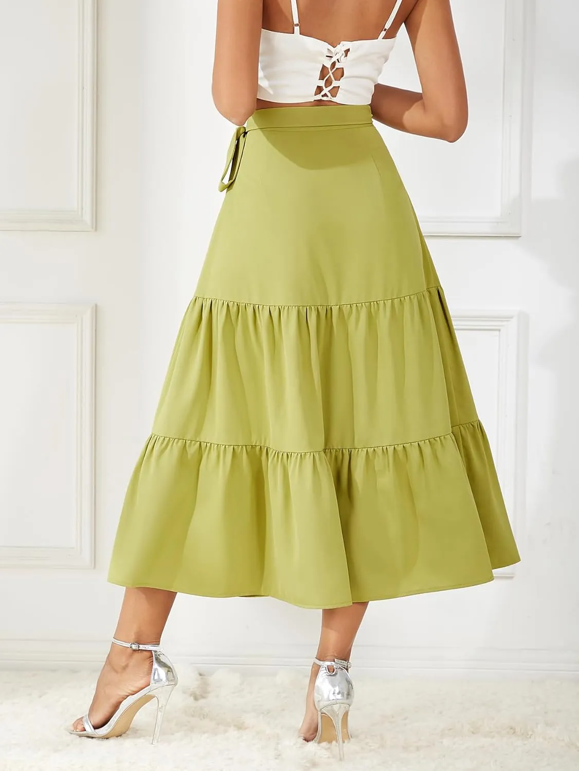 Women's Satin Wrap Skirt Adjustable Tie Ruffle Hem Flowy High Low Trendy Midi Skirt