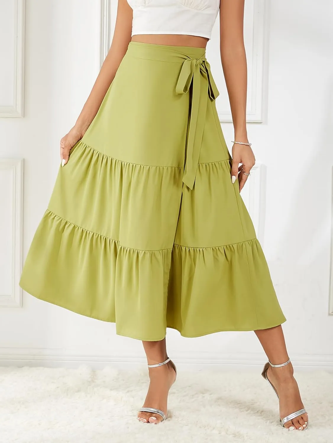 Women's Satin Wrap Skirt Adjustable Tie Ruffle Hem Flowy High Low Trendy Midi Skirt