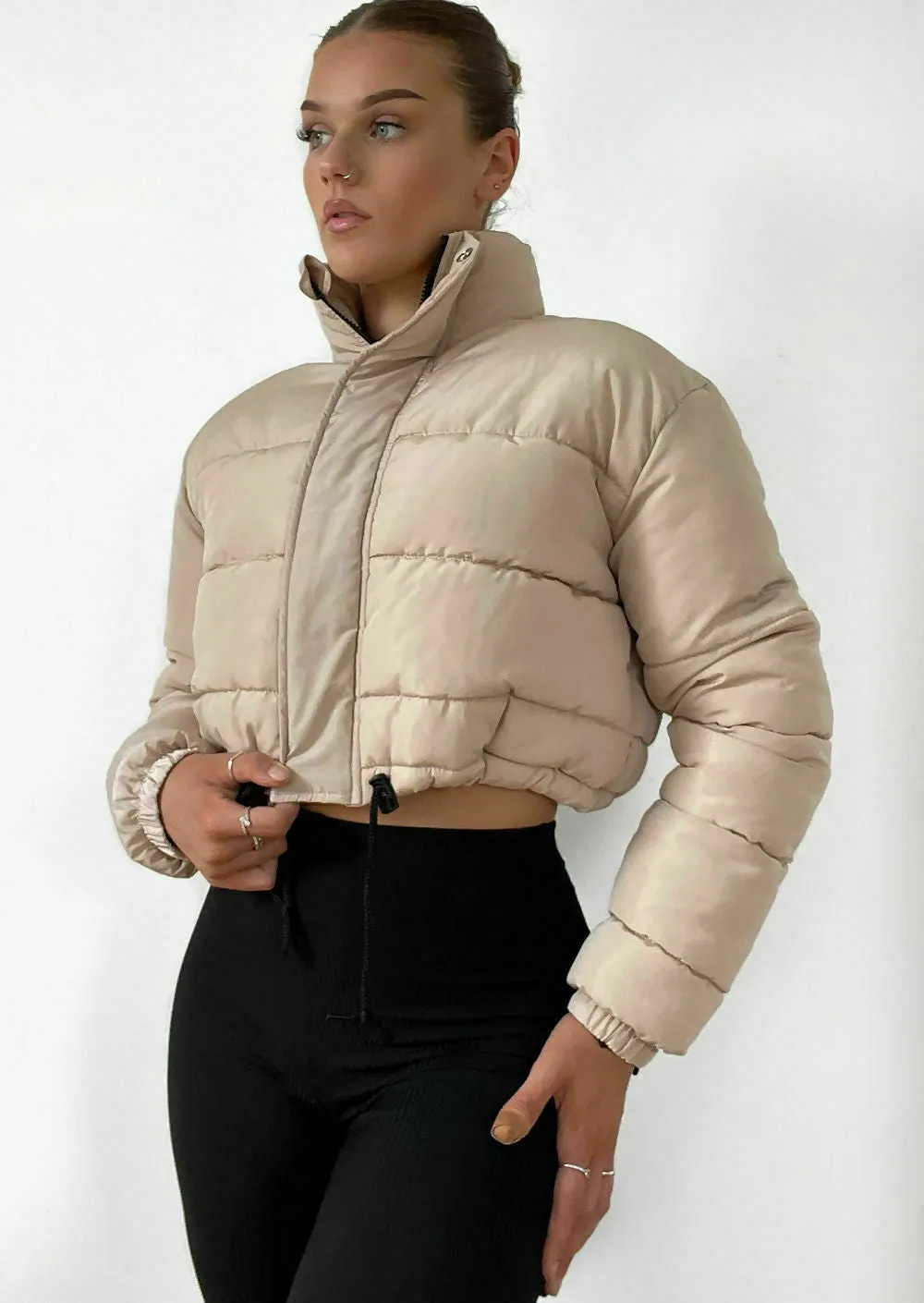 Women's Short Jacket Cropped Puffer Lightweight Long Sleeves Black Brown Coat