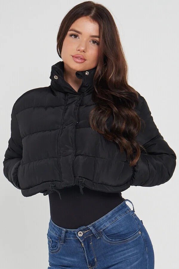 Women's Short Jacket Cropped Puffer Lightweight Long Sleeves Black Brown Coat