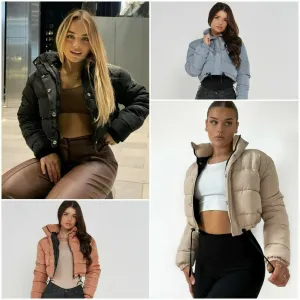 Women's Short Jacket Cropped Puffer Lightweight Long Sleeves Black Brown Coat