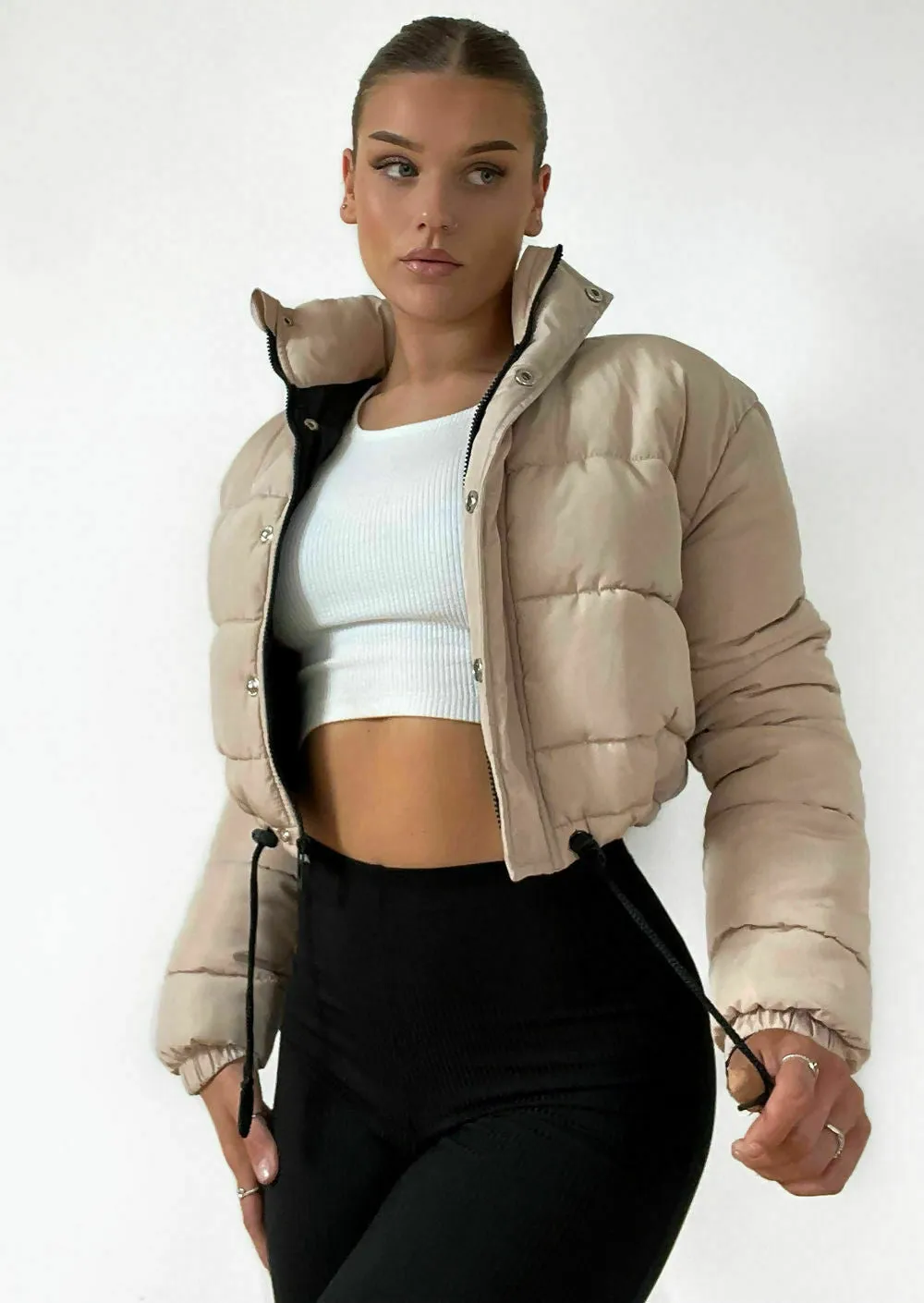 Women's Short Jacket Cropped Puffer Lightweight Long Sleeves Black Brown Coat