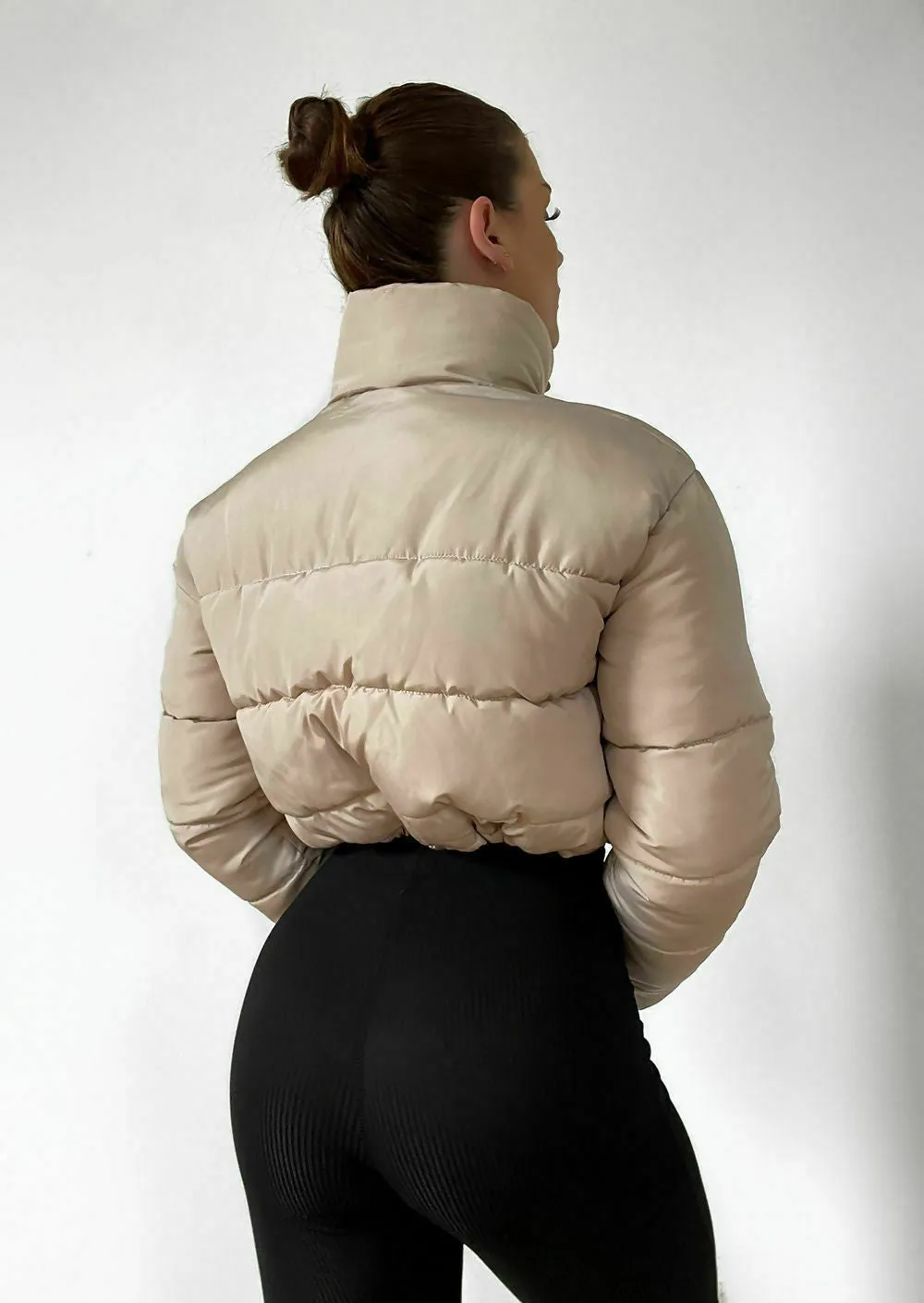 Women's Short Jacket Cropped Puffer Lightweight Long Sleeves Black Brown Coat