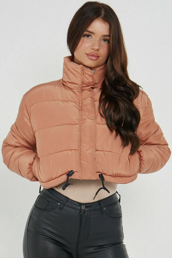 Women's Short Jacket Cropped Puffer Lightweight Long Sleeves Black Brown Coat