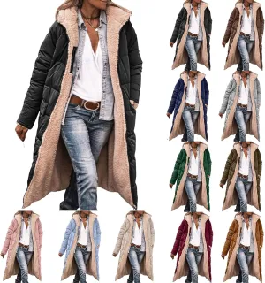 Women's Winter Hooded Quilted Coat Fleece Lined Long Puffer Jacket Winter Fashion Warm Reversible Zip Up Padded Coat