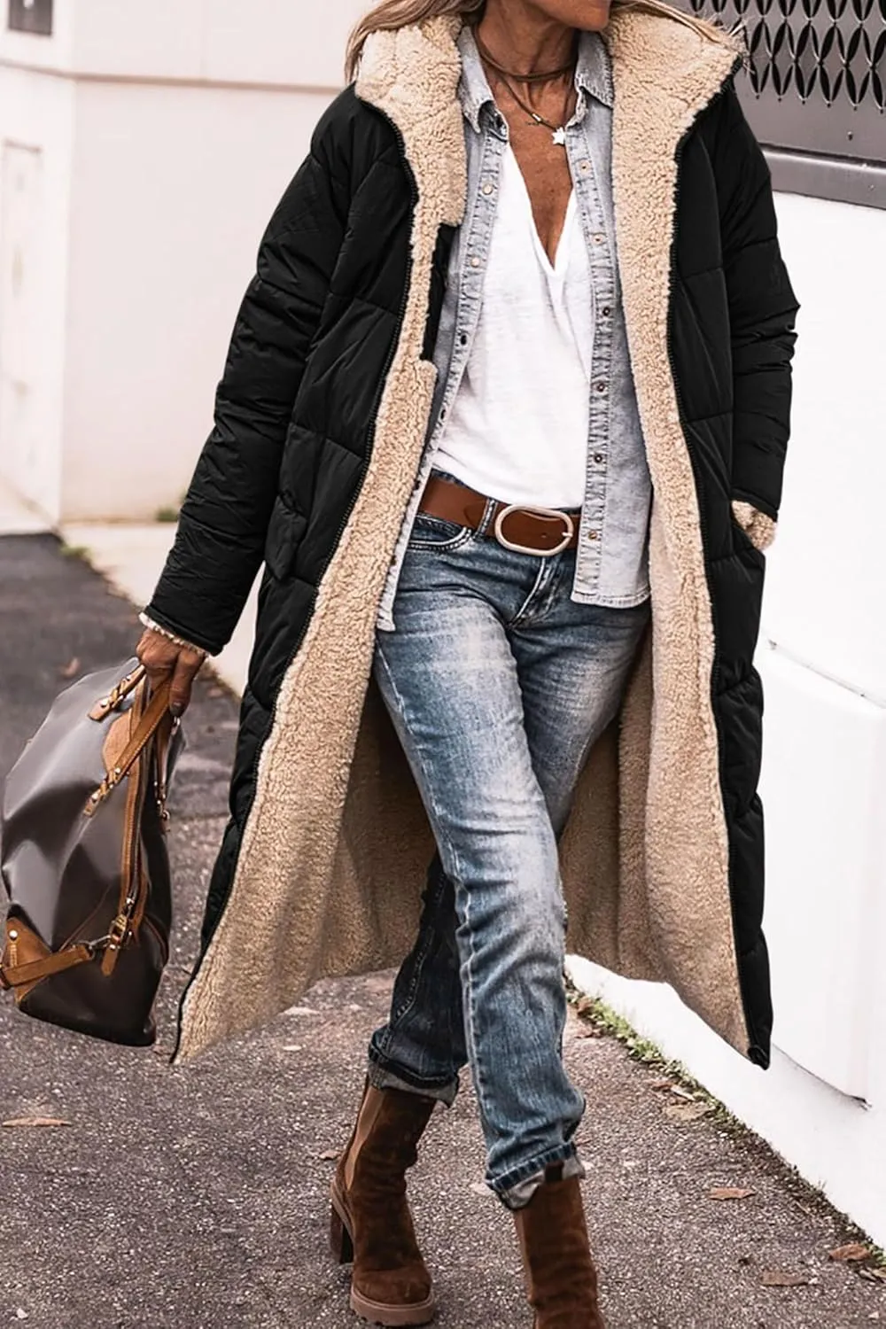 Women's Winter Hooded Quilted Coat Fleece Lined Long Puffer Jacket Winter Fashion Warm Reversible Zip Up Padded Coat
