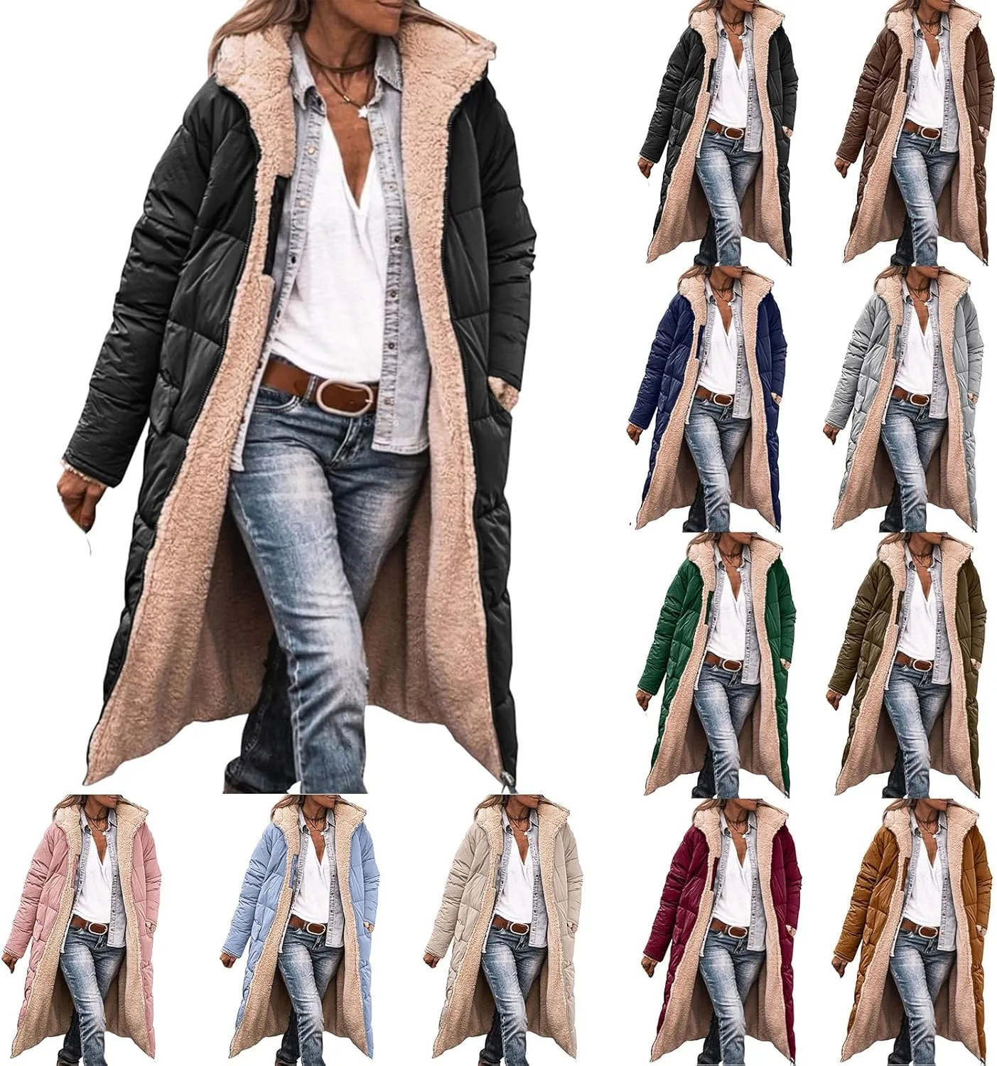 Women's Winter Hooded Quilted Coat Fleece Lined Long Puffer Jacket Winter Fashion Warm Reversible Zip Up Padded Coat