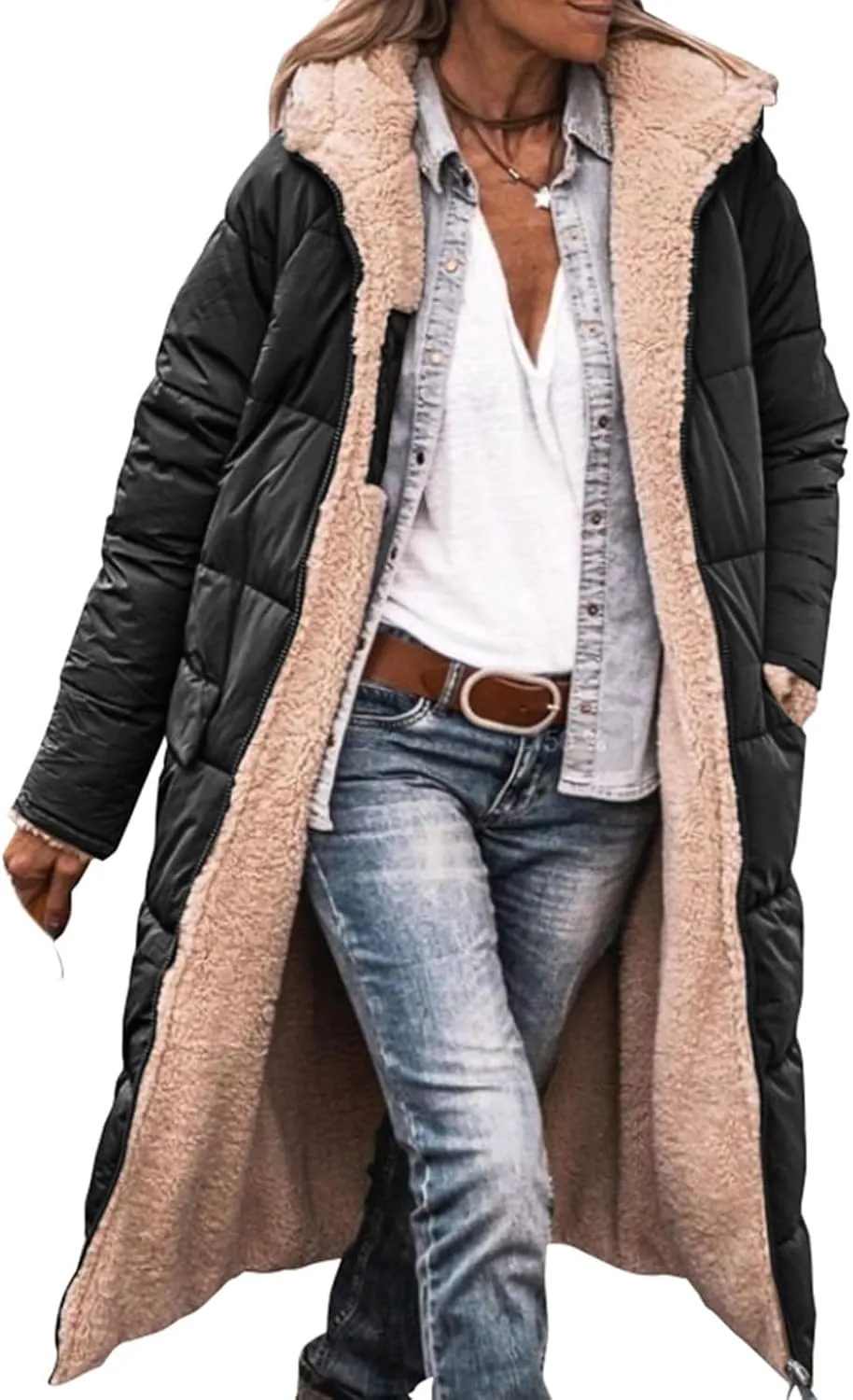 Women's Winter Hooded Quilted Coat Fleece Lined Long Puffer Jacket Winter Fashion Warm Reversible Zip Up Padded Coat
