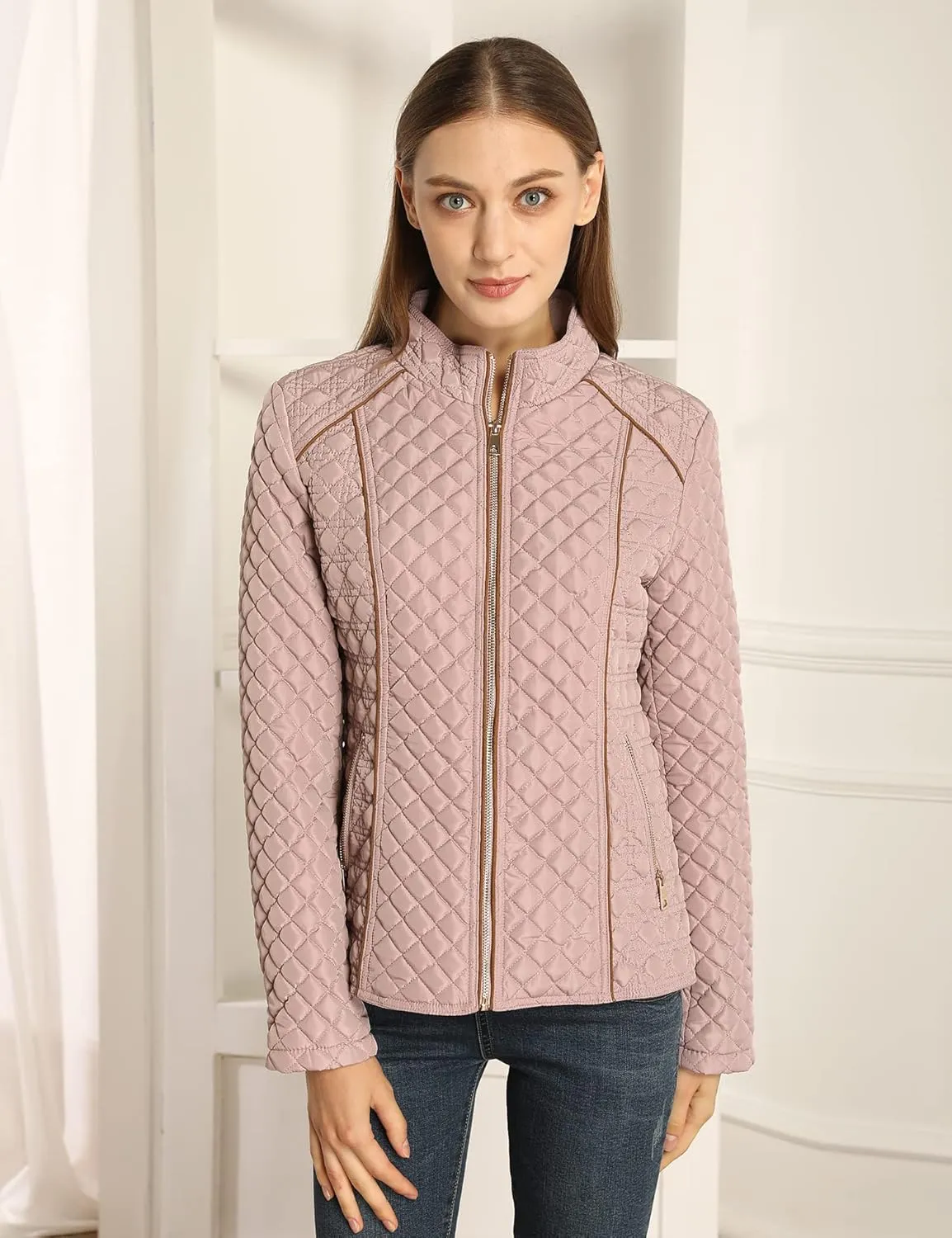 XULIKU Women's Quilted Jackets Lightweight Long Sleeve Stand Collar Padding Short Puffer Coat for Women Fall Winter
