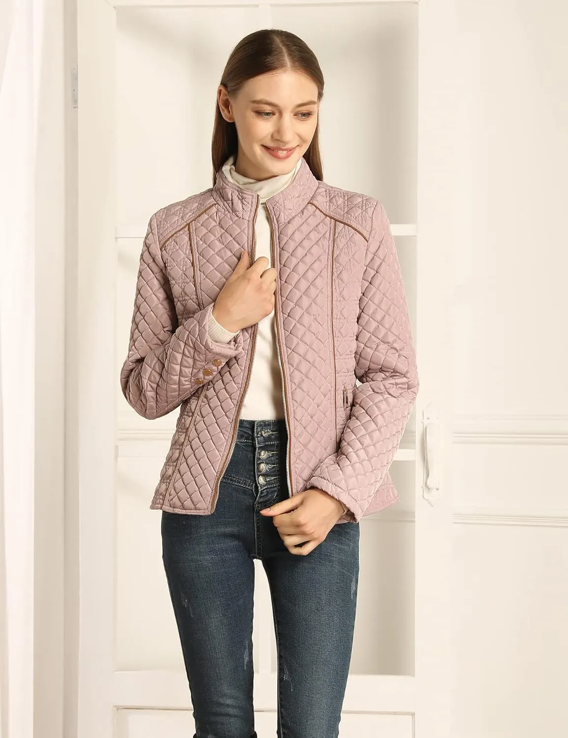 XULIKU Women's Quilted Jackets Lightweight Long Sleeve Stand Collar Padding Short Puffer Coat for Women Fall Winter