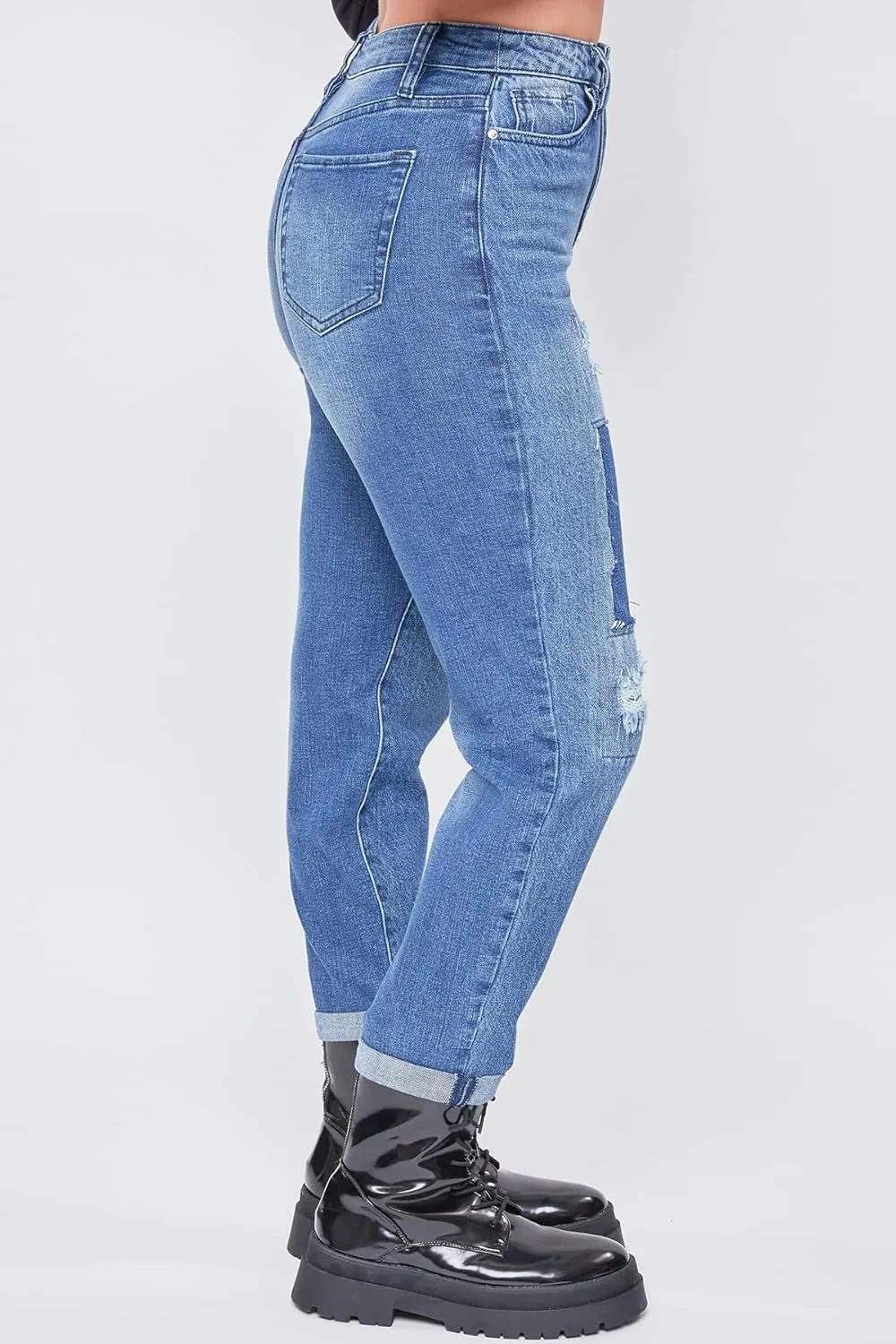 YMI Women's Junior Dream High-Rise Straight Patchwork Jean