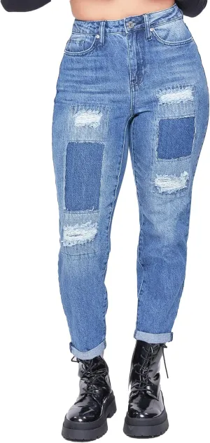YMI Women's Junior Dream High-Rise Straight Patchwork Jean