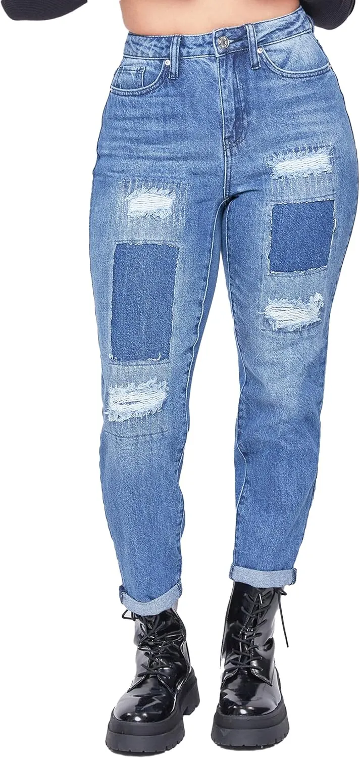 YMI Women's Junior Dream High-Rise Straight Patchwork Jean